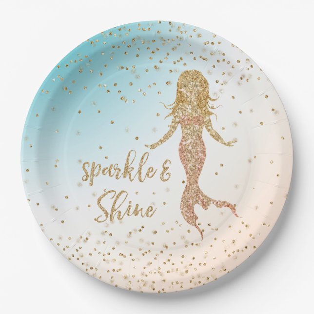 Assiettes En Carton Parties scintillant d'étincelle Aqua Gold Mermaid  (Devant)