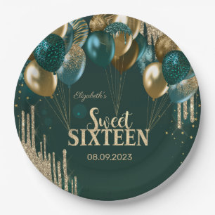 Assiettes En Carton Parties scintillant d'or Ballons Green Sweet 16