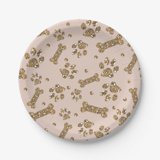 Assiettes En Carton Parties scintillant d'or Beige Blush Pet Paw Bone  (Devant)