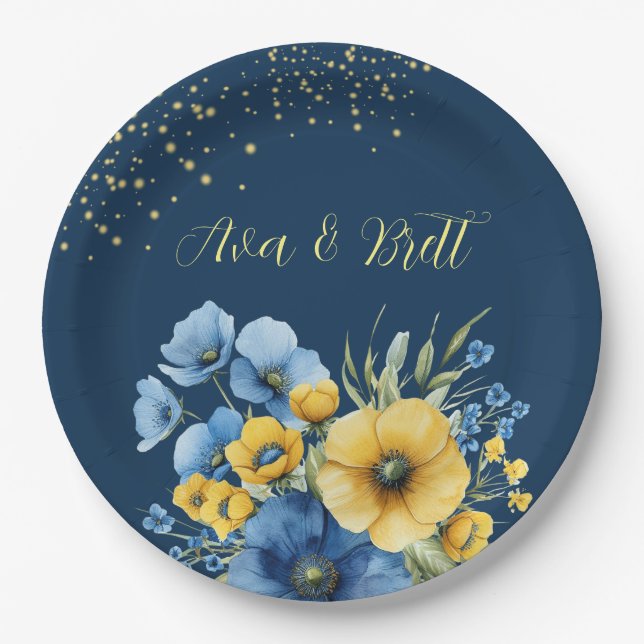 Assiettes En Carton Parties scintillant d'or bleu marine et jaune Flor (Devant)