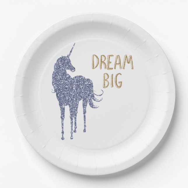 Assiettes En Carton Parties scintillant d'or Dream Big Unicorn (Devant)