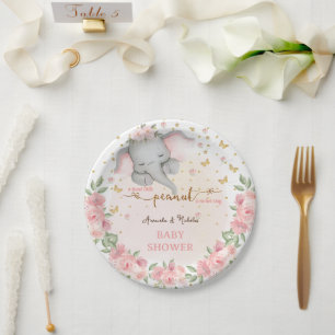 Assiettes En Carton Parties scintillant d'or Eléphant Baby shower rose