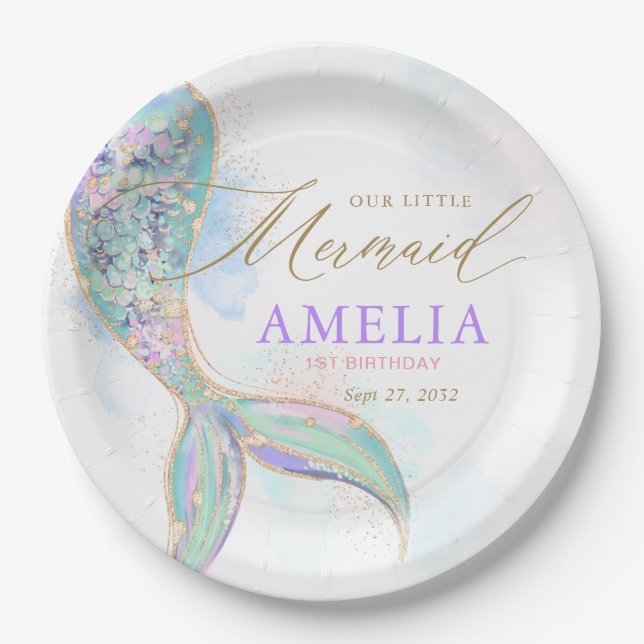 Assiettes En Carton Parties scintillant d'or Mermaid Queue sous la mer (Devant)