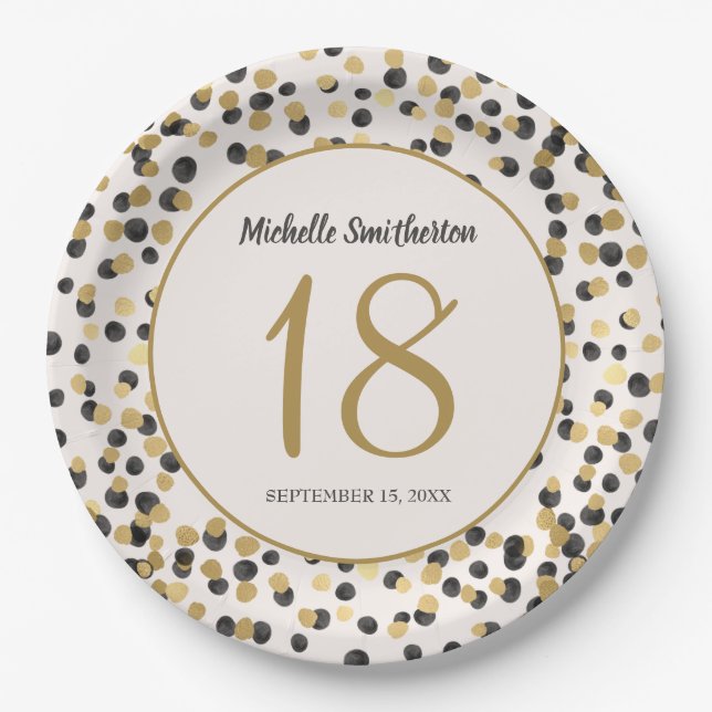 Assiettes En Carton Parties scintillant d'or noir Confetti 18e anniver (Devant)