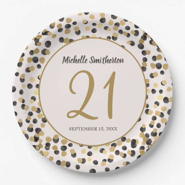 Assiettes En Carton Parties scintillant d'or noir Confetti 21e anniver (Devant)
