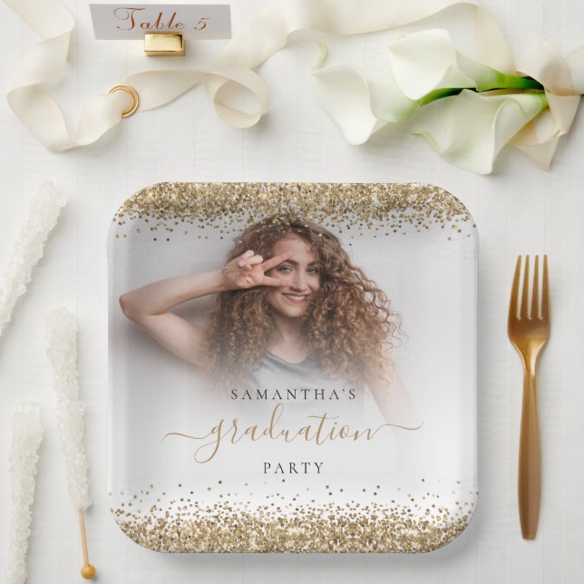 Assiettes En Carton Parties scintillant d'or Nom photo Graduation 2024 (Mariage)