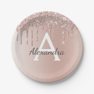 Assiettes En Carton Parties scintillant d'or rose et monogramme étince