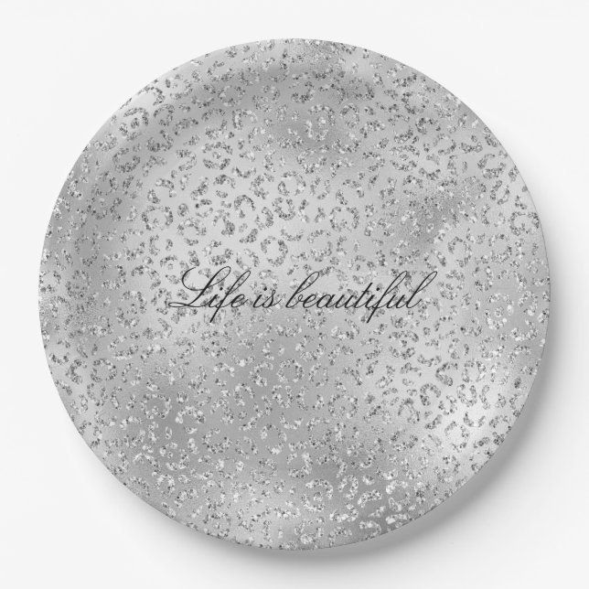 Assiettes En Carton Parties scintillant Empreinte de léopard argent Lu (Devant)