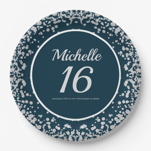 Assiettes En Carton Parties scintillant en argent bleu marine 16e anni (Devant)
