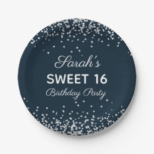 Assiettes En Carton Parties scintillant en argent bleu marine Sweet 16