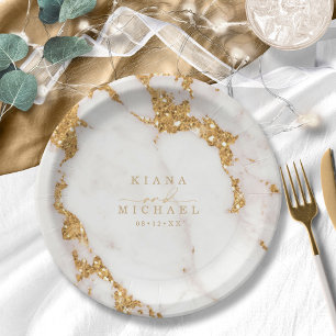 Assiettes En Carton Parties scintillant en marbre moderne Mariage Gold