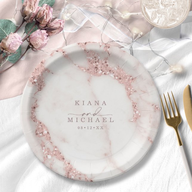 Assiettes En Carton Parties scintillant en marbre moderne Mariage Rose (Créateur téléchargé)