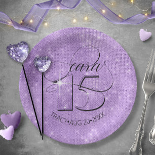 Assiettes En Carton Parties scintillant et brille Quinceanera Violet I