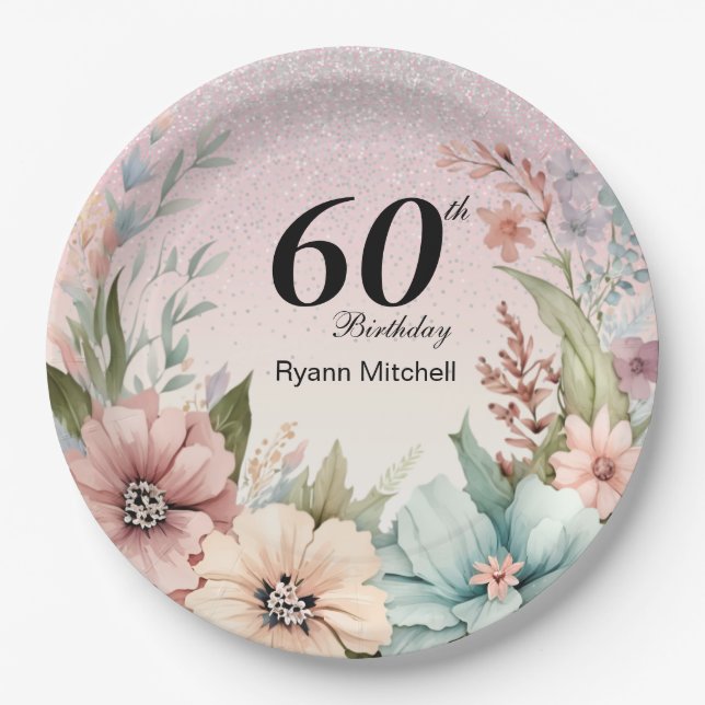 Assiettes En Carton Parties scintillant Florale fête d'anniversaire (Devant)