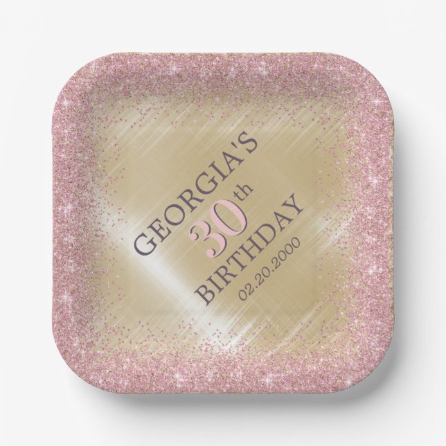 Assiettes En Carton Parties scintillant Glam Rose Gold Anniversaire (Recto)