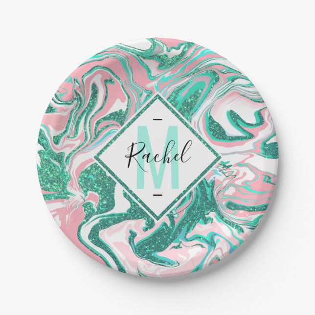 Assiettes En Carton Parties scintillant moderne blanche rose Turquoise (Devant)