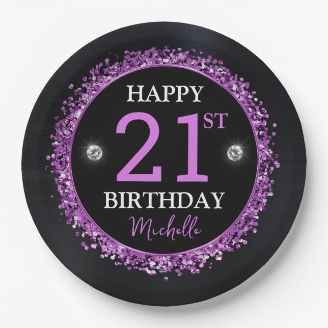 Assiettes En Carton Parties scintillant noire et violette Confetti Ann (Devant)