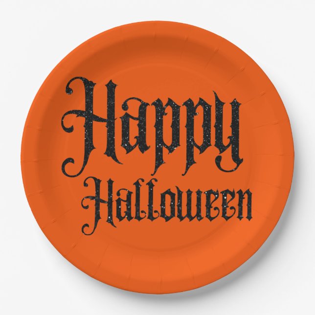 Assiettes En Carton Parties scintillant noire Halloween Happy Plaque d (Devant)