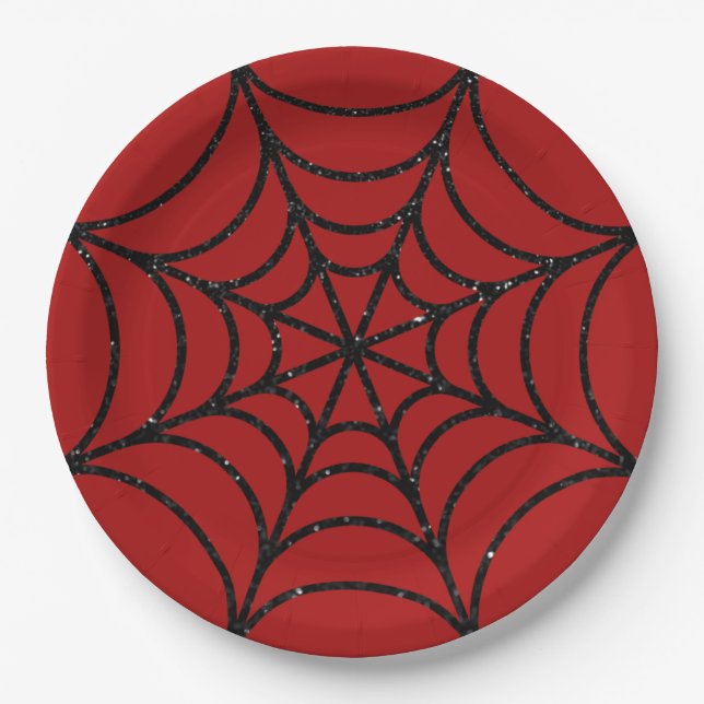 Assiettes En Carton Parties scintillant noire Spiderweb (Devant)