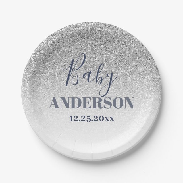 Assiettes En Carton Parties scintillant Ombre Faux Baby shower Argent  (Devant)