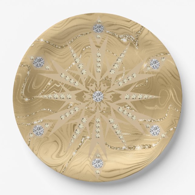 Assiettes En Carton Parties scintillant Or de luxe Snowflake Diamond (Devant)