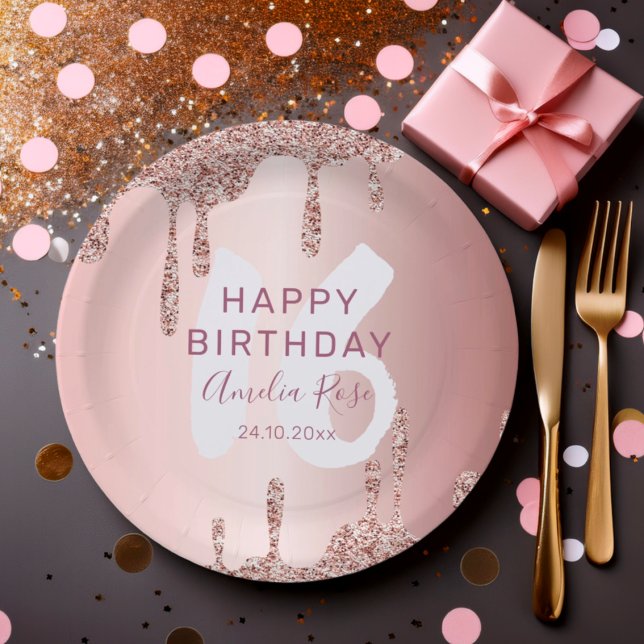Assiettes En Carton Parties scintillant or Rose d'anniversaire moderne (Créateur téléchargé)