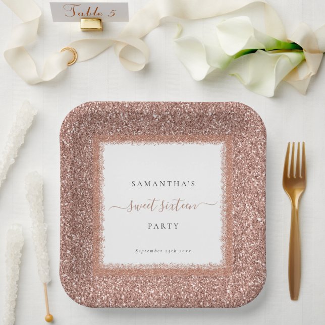 Assiettes En Carton Parties scintillant or rose Nom Date Sweet sixteen (Mariage)