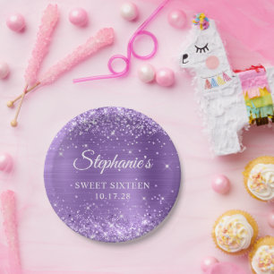 Assiettes En Carton Parties scintillant pourpre et Sweet sixteen à hui