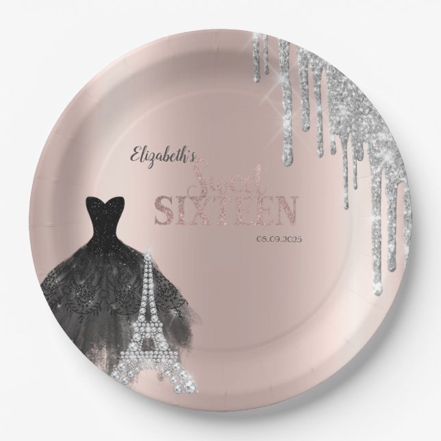Assiettes En Carton Parties scintillant, Robe, Tour Eiffel Sweet 16 (Devant)