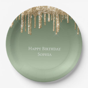 Assiettes En Carton Parties scintillant Sage Green Gold Sparkle Drithd