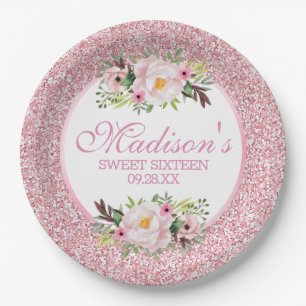 Assiettes En Carton Parties scintillant tendance rose Floral Sweet 16