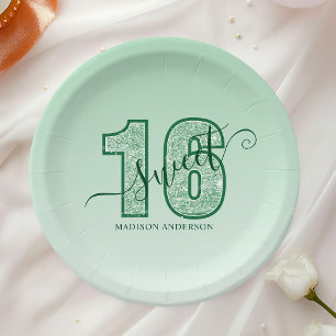 Assiettes En Carton Parties scintillant verte Script Sweet 16 Annivers