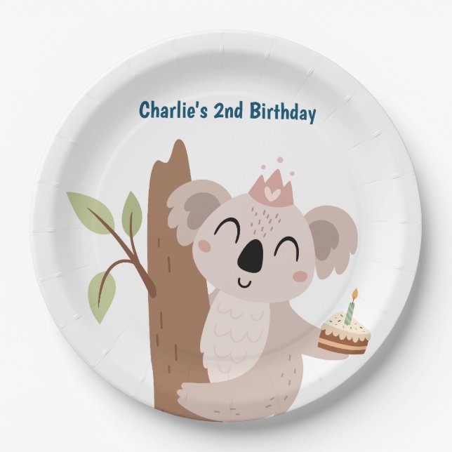 Assiettes En Carton Pary animal, Koala avec gâteau d'anniversaire (Devant)