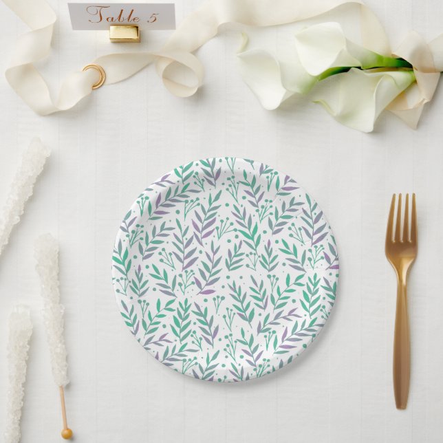 Assiettes En Carton Pastel aquarelle branches pourpre et vert (Mariage)
