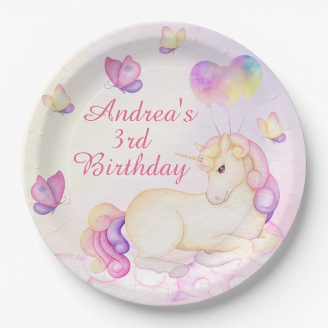 Assiettes En Carton Pastel Aquarelle Unicorne Et Ballons (Devant)