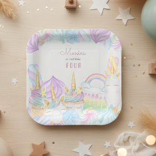 Assiettes En Carton Pastel arc-en-ciel aquarelle licorne doux annivers