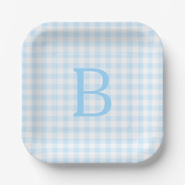 Assiettes En Carton Pastel bleu et blanc En vichy Monogramme (Recto)