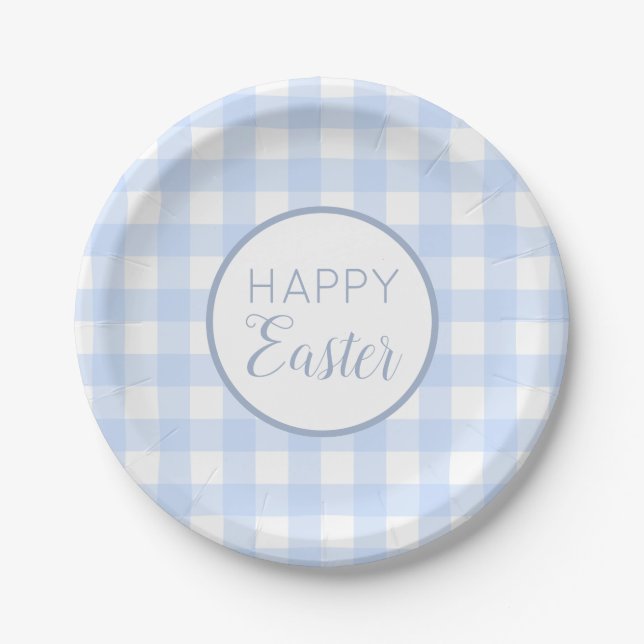 Assiettes En Carton Pastel Blue Happy Pâques Plaid Motif (Devant)