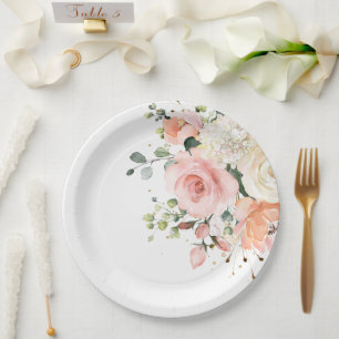 Assiettes En Carton Pastel Blush Ivory rose Mariage botanique floral