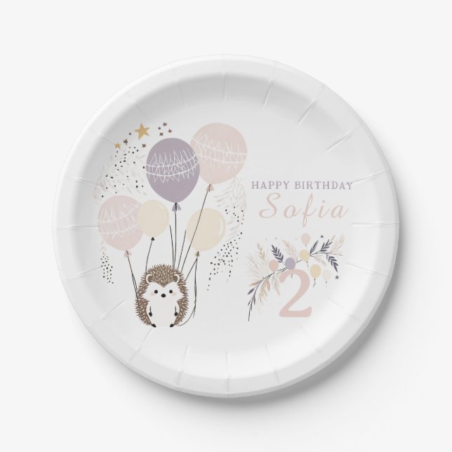 Assiettes En Carton Pastel Boho Hedgehog et Balloons Anniversaire (Devant)