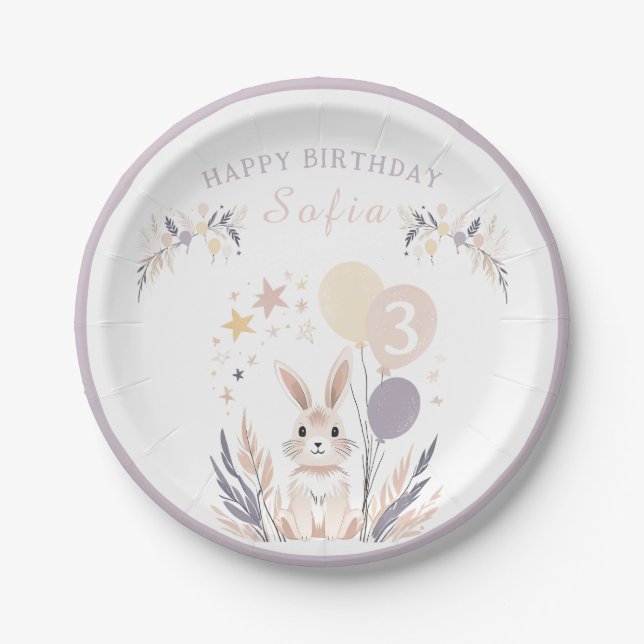 Assiettes En Carton Pastel Boho Rabbit et Ballons Anniversaire (Devant)