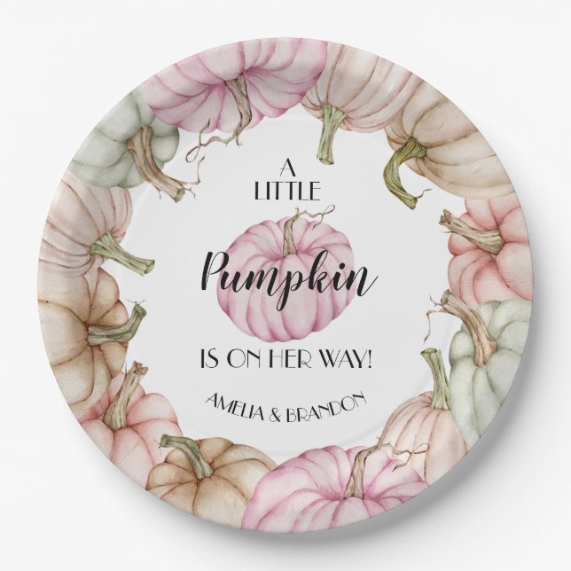 Assiettes En Carton Pastel Citrouille Baby shower fille rose (Devant)