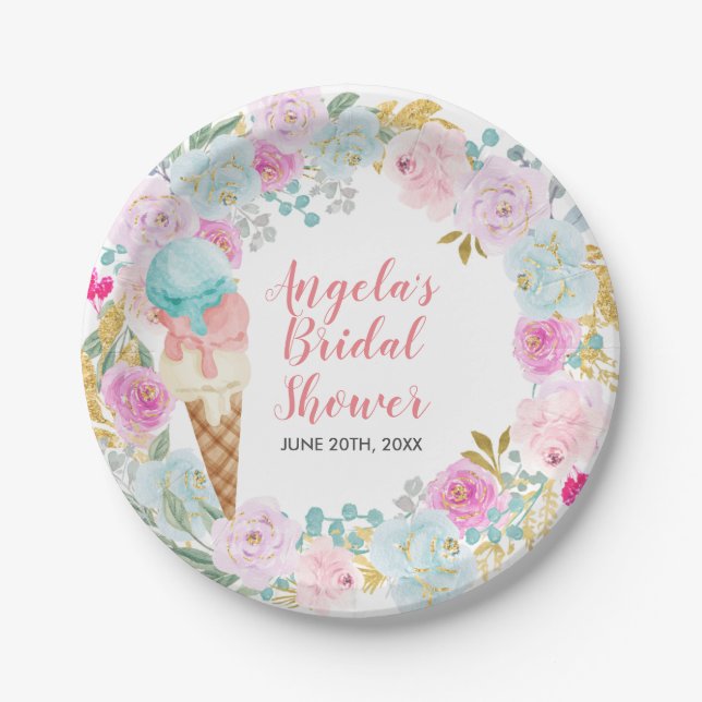 Assiettes En Carton Pastel Crème glacée aquarelle Fleurs Plaques de pa (Devant)