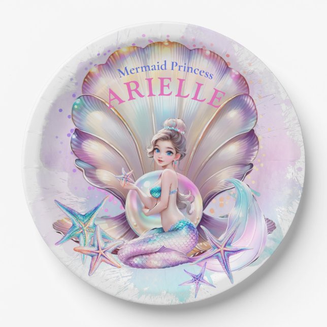 Assiettes En Carton Pastel Mermaid 1er Anniversaire Sous La Sirène De  (Devant)