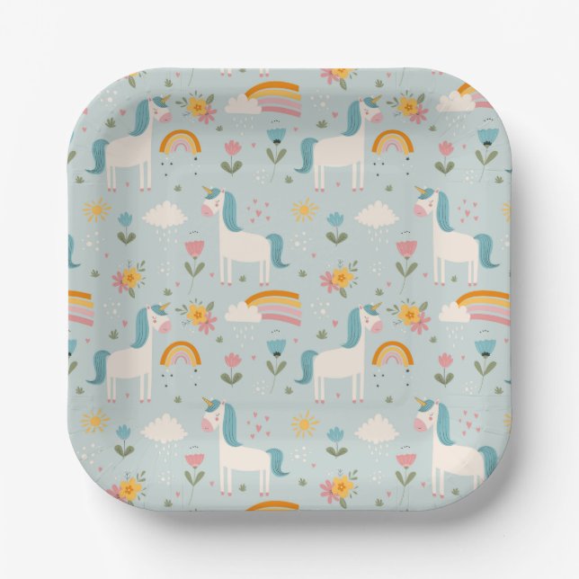 Assiettes En Carton Pastel mignon Rainbow Unicorn Motif (Recto)