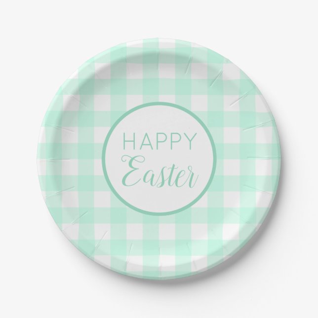 Assiettes En Carton Pastel Mint Green Happy Pâques Plaid Motif (Devant)