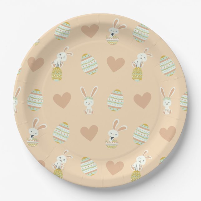 Assiettes En Carton Pastel Pâques délice : Motif lapin et oeufs (Devant)