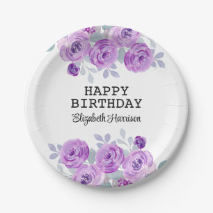 Assiettes En Carton Pastel Purple Rose Floral Verdure Joyeux Anniversa