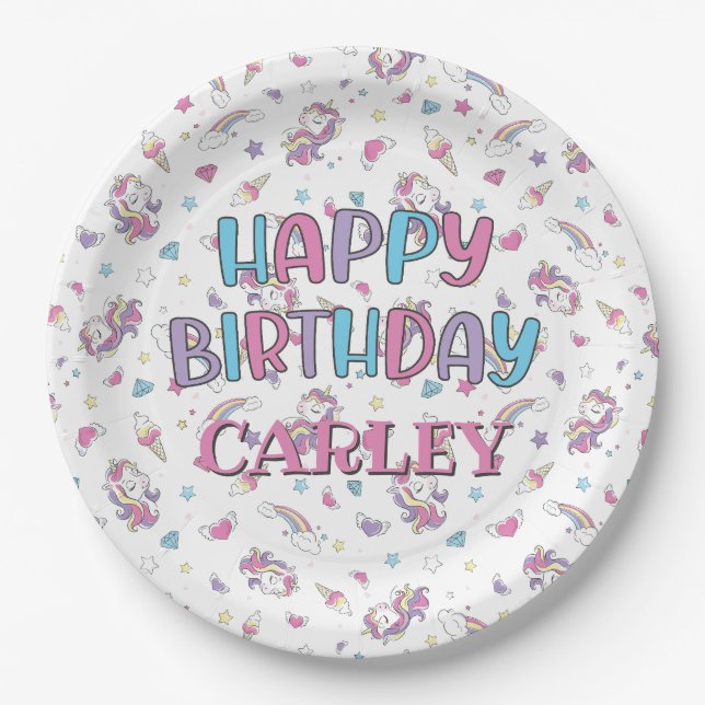 Assiettes En Carton Pastel Rainbow Unicorn Motif Joyeux anniversaire (Devant)
