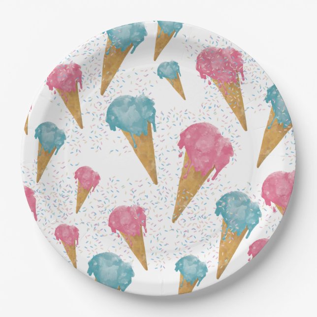 Assiettes En Carton Pastel Retro Aquarelle Crème glacée et arrosages (Devant)